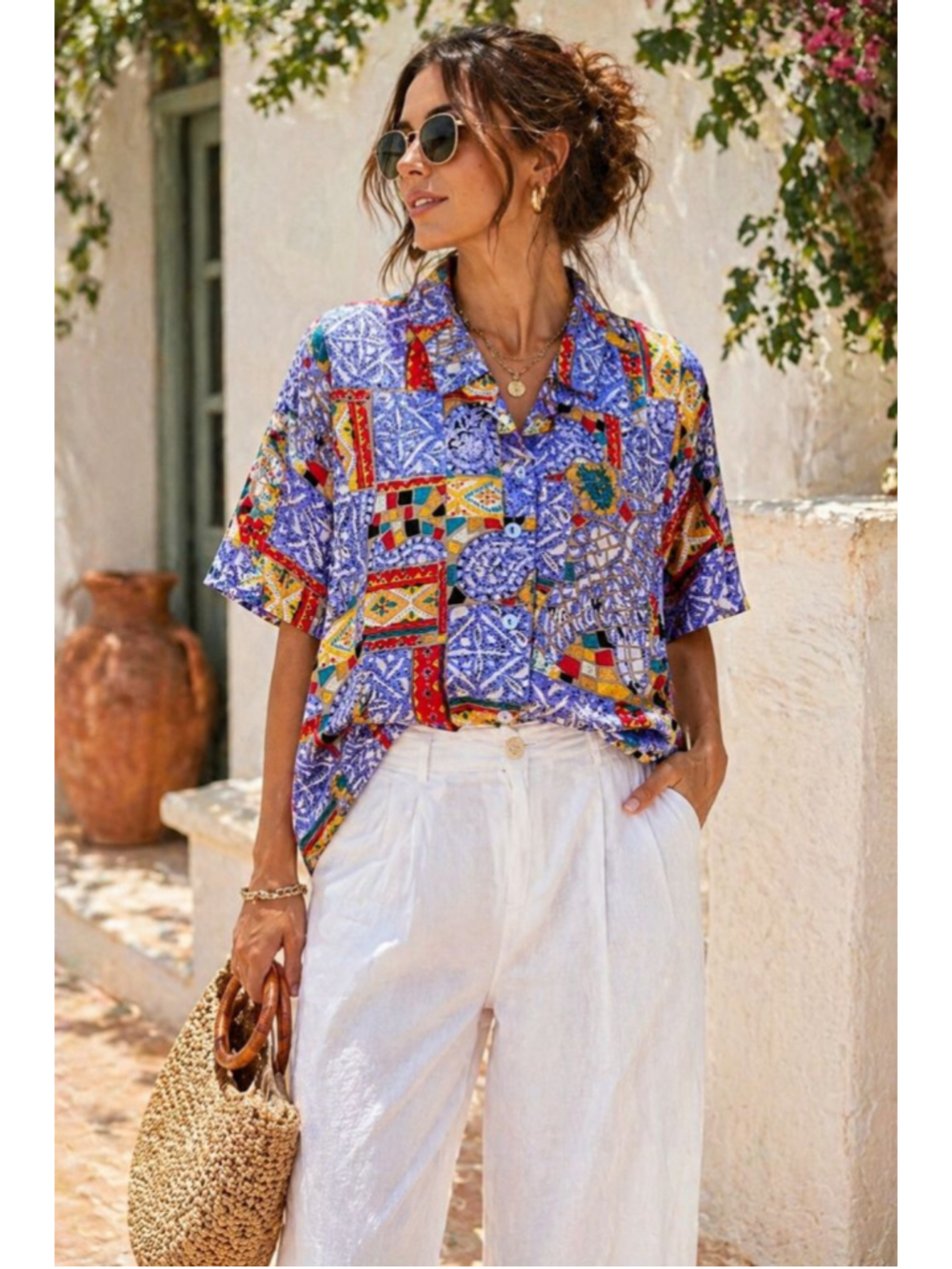 Vintage Silk Blouse Anne Alexander L Abstract Patchwork Print Button Front Retro